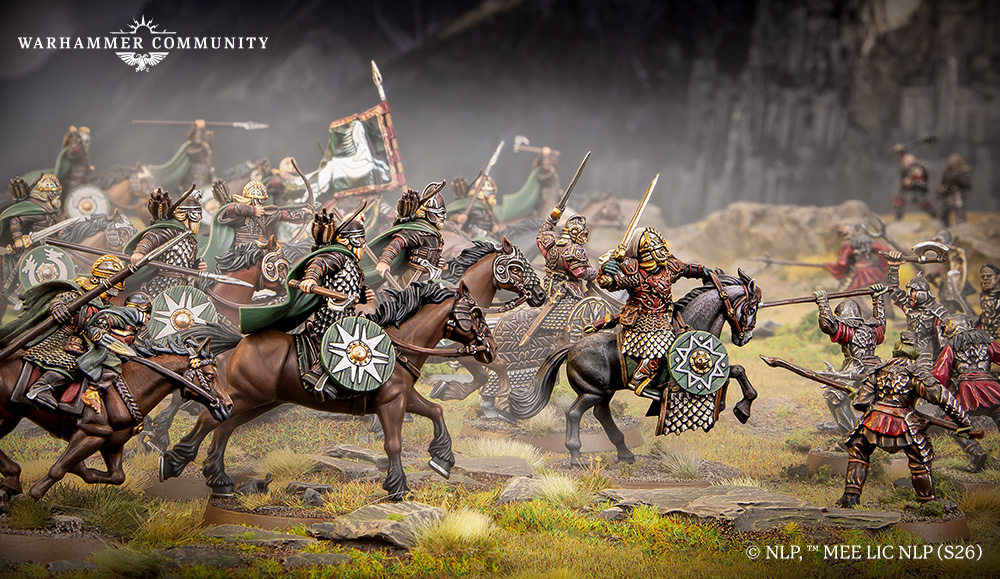 image Frontline Gaming Warhammer battle scene with armored riders on horses charging across a rocky battlefield; banners and infantry in the background (Warhammer Community watermark).