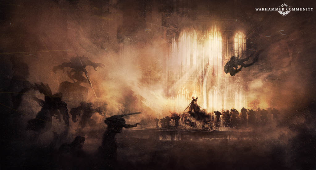Dark smoky battlefield around a glowing cathedral ruin a lone armored warrior stands at center while silhouettes attack from the left and right with Warhammer Community logo in the top right