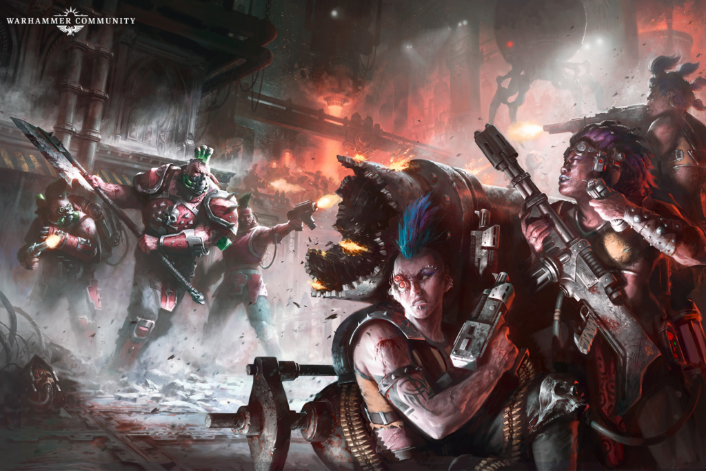 Chaos Space Marines assault a ruined city as explosions light the scene and a towering mechanical foe looms overhead firing weapons