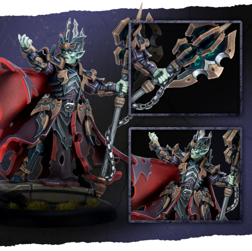 image Frontline Gaming Armored fantasy villain with blue green skin spiked helm wielding a chained staff and flowing red cape on a rocky base as a collectible figure