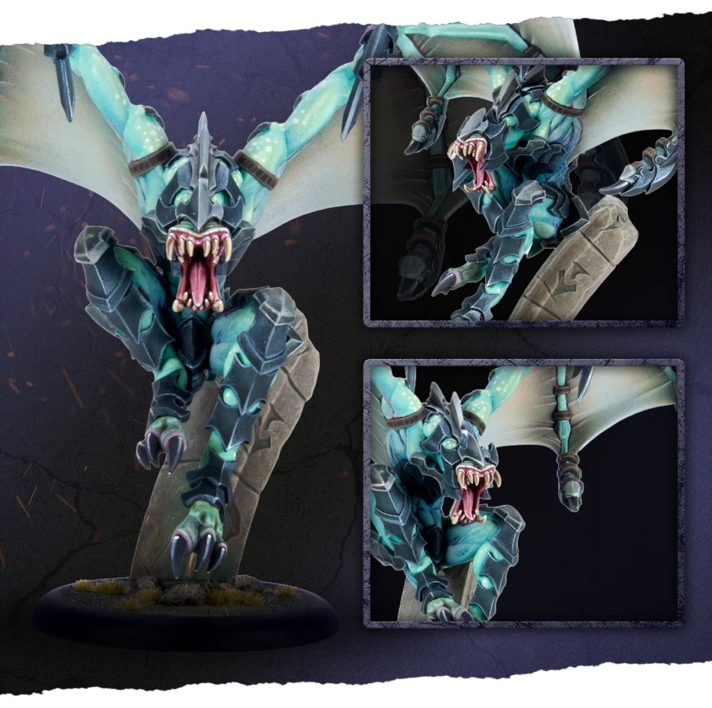 image Frontline Gaming Teal dragon miniature with silver armor and red mouth posed on a round base two inset panels show close ups from different angles