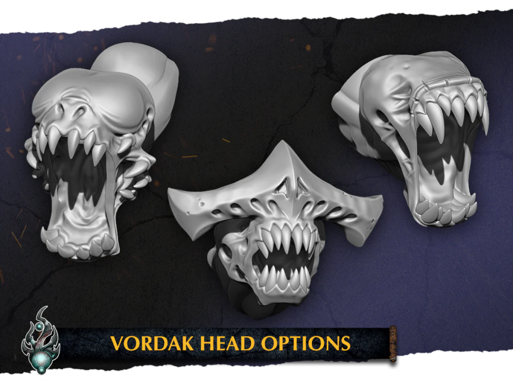 image Frontline Gaming Three monstrous skeletal heads with enormous fangs displayed against a dark textured background as concept art for Vordak head options