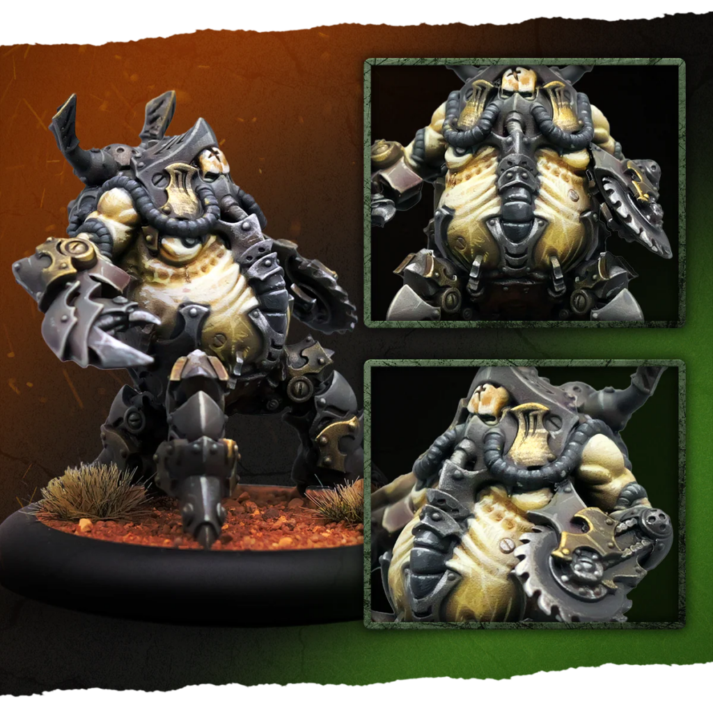 image Frontline Gaming Large armored alien warrior miniature on a rocky diorama base with hoses and spiked weapons visible from the posefolded stance