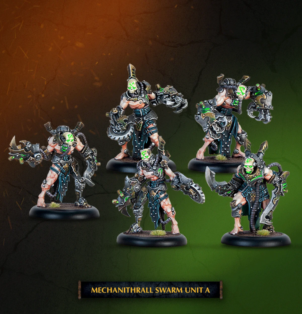 image Frontline Gaming Five Mechanithrall Swarm Unit A miniatures in dark armor with green glow posed on round bases for tabletop play