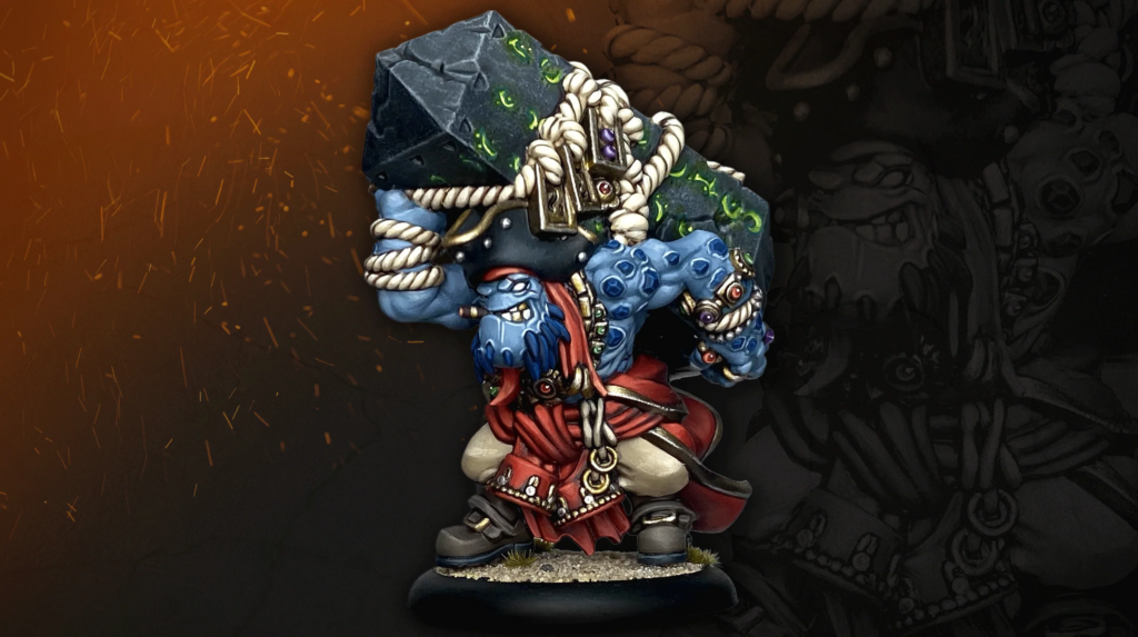 image Frontline Gaming Painted fantasy miniature of a blue skinned orc like warrior wrapped in thick white rope with ornate armor and red cloth standing on a textured base