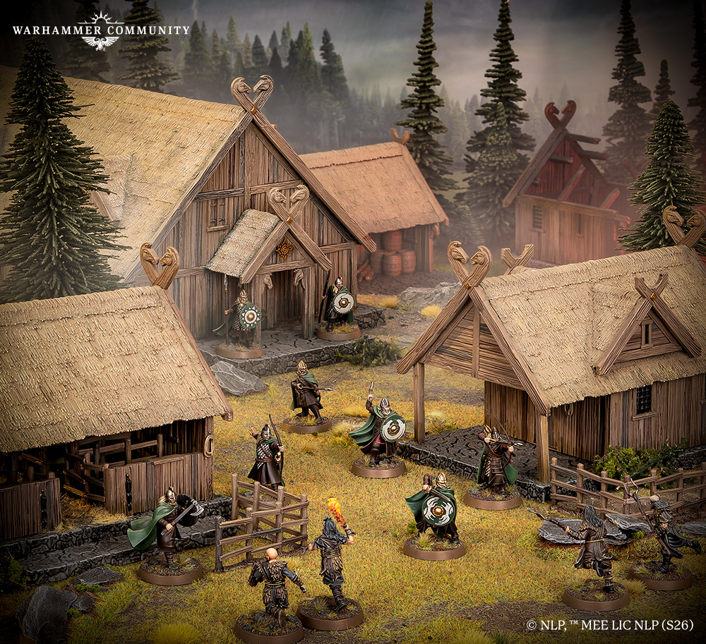 image Frontline Gaming Tabletop miniature battle scene in a thatched village with shield-wielding warriors amid pines and mist.