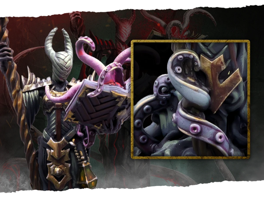 image Frontline Gaming Dark fantasy scene with an armored necromancer raising a staff a purple tentacled creature clutches a book while a gold framed inset on the right shows a close up of the tentacles and a crown