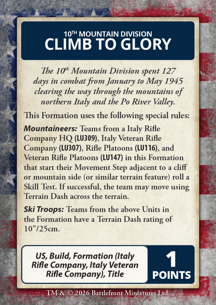 image Frontline Gaming Military themed game card titled 10th Mountain Division CLIMB TO GLORY with a parchment style panel of rules Mountaineers and Ski Troops and a blue bottom info bar Left side shows a rounded box with descriptive text and right side shows a bold 1 POINTS indicator against a dark blue background patriotic flag like border in the background
