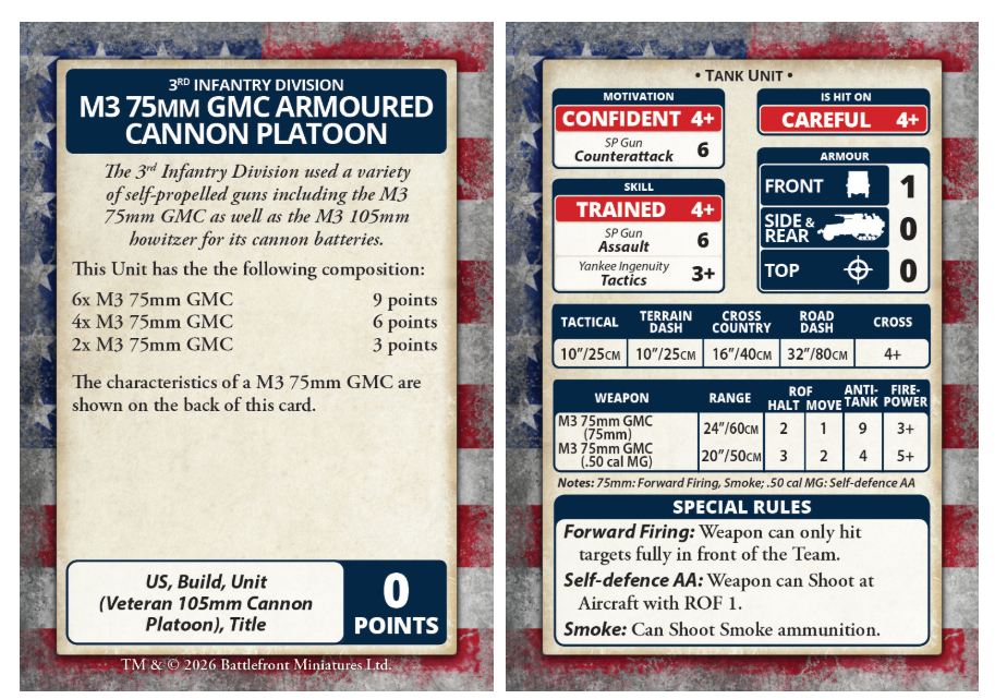 image Frontline Gaming Front and back of a tabletop wargame unit card left side details the M3 75mm GMC Armoured Cannon Platoon with its composition and 0 points right side shows unit statistics weapons range values and special rules Forward Firing Self defense AA Smoke