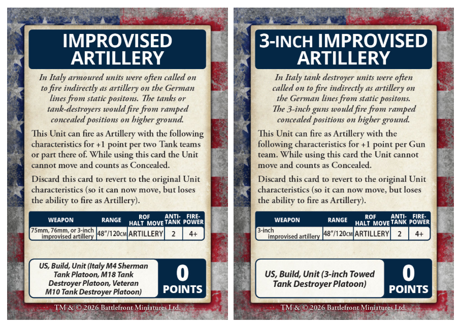 image Frontline Gaming Pair of Battlefront mini cards left shows IMPROVISED ARTILLERY with unit text and a stats row right shows 3 Inch IMPROVISED ARTILLERY with similar layout and data Both have a blue header beige text and a 0 POINTS box