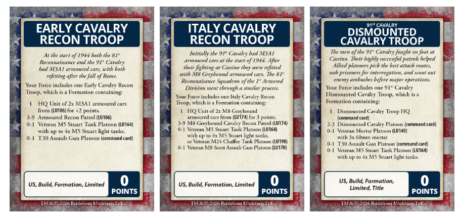 image Frontline Gaming Three tabletop game unit cards showing Early Cavalry Recon Troop Italy Cavalry Recon Troop and Dismounted Cavalry Troop on a weathered red blue border background