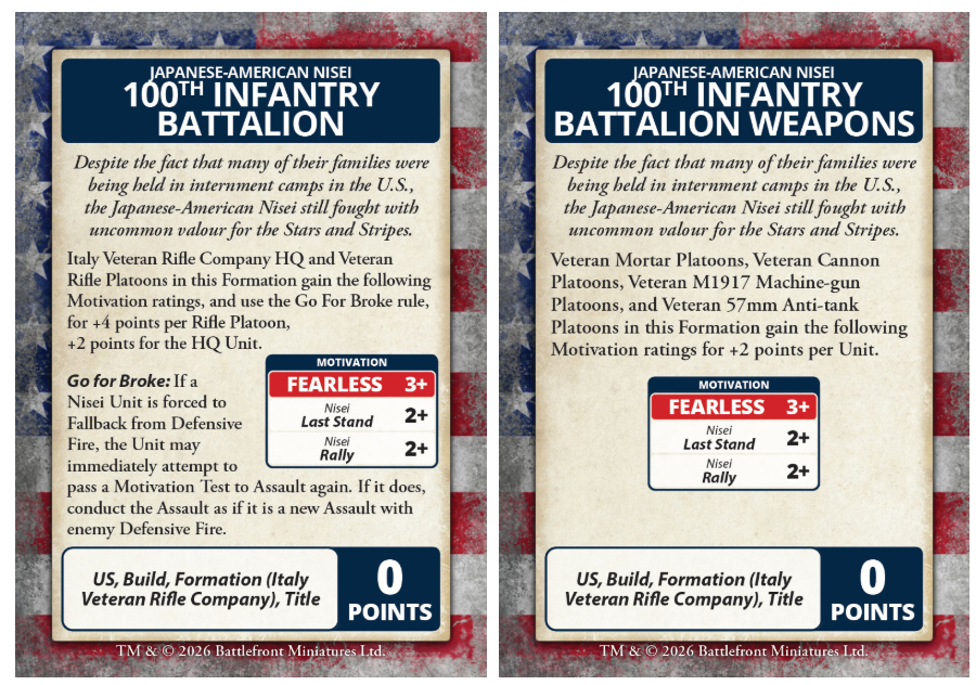 image Frontline Gaming Card panel 100th Infantry Battalion with Japanese American Nisei heading descriptive text and a small motivation box labeled Go for Broke
