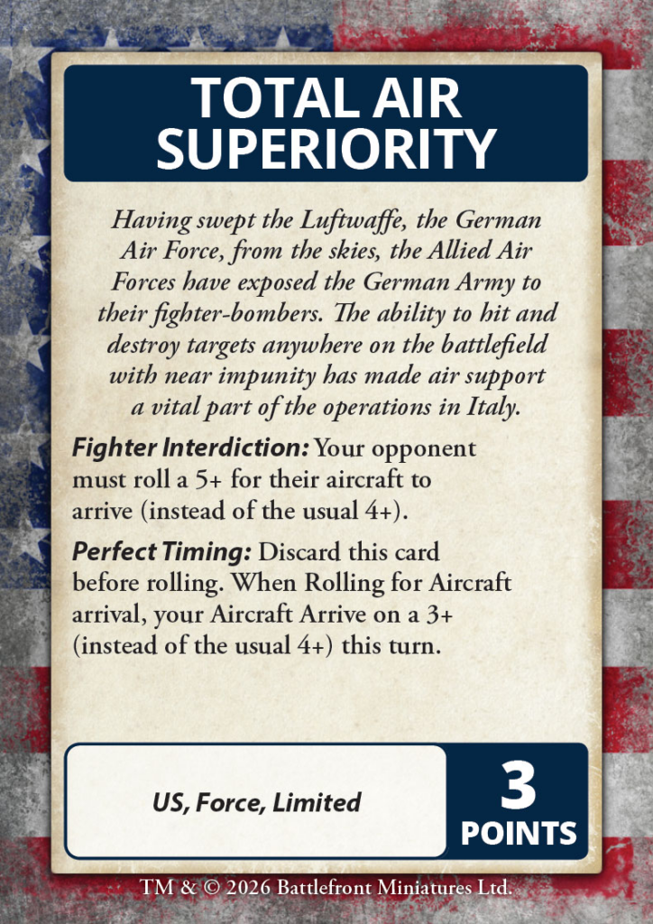 image Frontline Gaming Vintage game card titled Total Air Superiority with rule text about Luftwaffe and fighter actions bottom shows US Force Limited and 3 POINTS