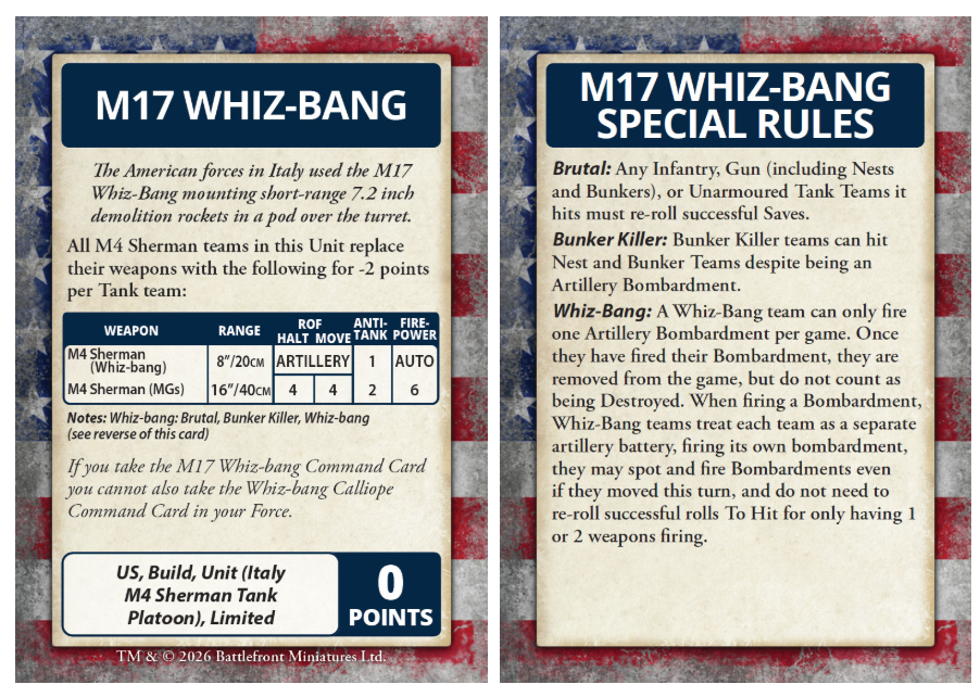image Frontline Gaming Left panel M17 Whiz Bang unit card with stats table notes and 0 points at bottom Right panel M17 Whiz Bang Special Rules card detailing Brutal Bunker Killer and Whiz Bang rules