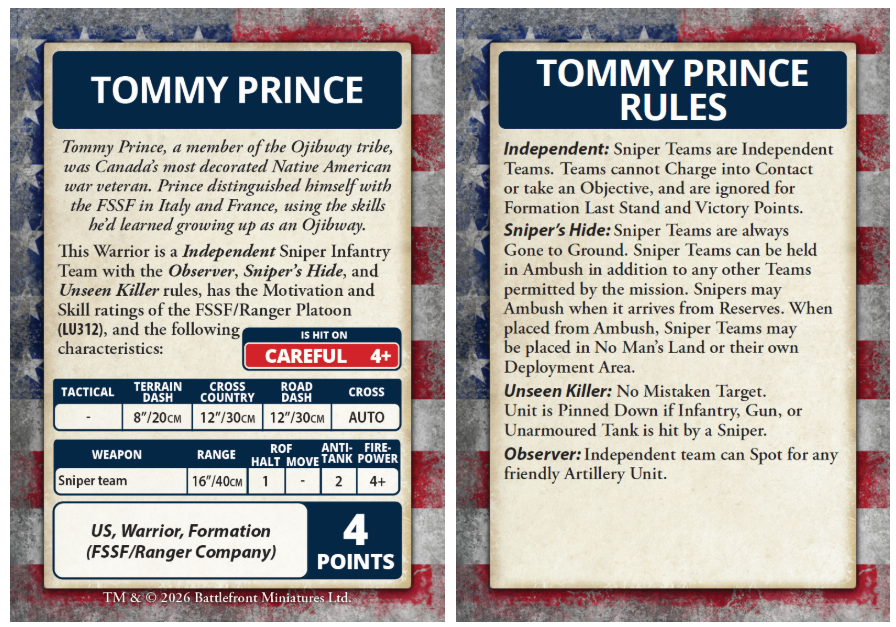 image Frontline Gaming Pair of game cards left panel shows Tommy Prince stats card with ability grid and points right panel shows Tommy Prince Rules short text on parchment