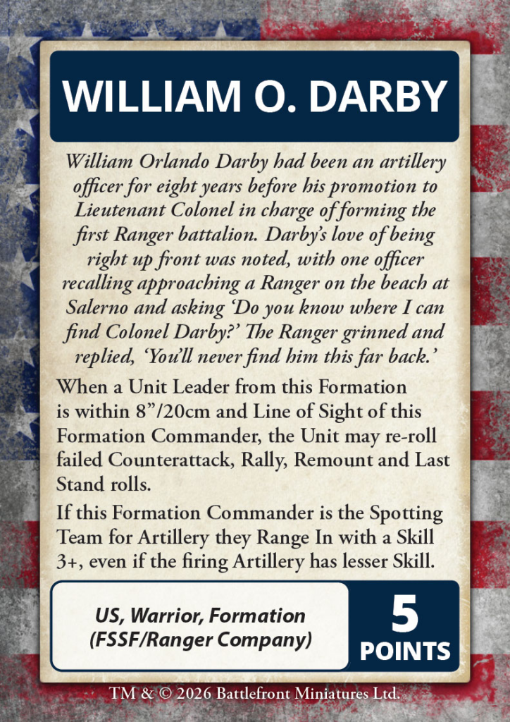 image Frontline Gaming Biography card for William O Darby on a parchment panel with a dark blue title WILLIAM O DARBY set against a faded American flag background includes a multi paragraph biography and a bottom banner reading 5 POINTS and US Warrior Formation FSSFRanger Company