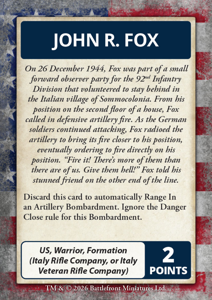 image Frontline Gaming Historical card featuring the name JOHN R FOX on a dark blue header with a parchment style paragraph describing his WWII actions set against a patriotic American flag background and a blue 2 POINTS badge at the bottom