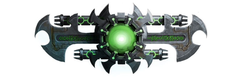 image Frontline Gaming Symmetrical fantasy scifi weapon featuring a glowing emerald green core surrounded by curved metal blades and circuitry