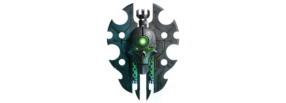 image Frontline Gaming Symmetrical dark metal emblem featuring a skull with a glowing green eye and a central green core flanked by blade like shapes