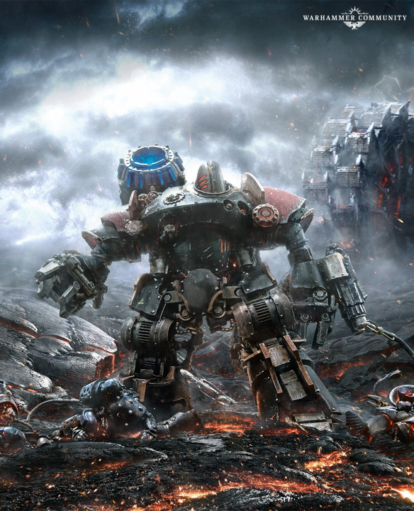 image Frontline Gaming A large war machine stands amid lava and smoke crushed terrain and fallen soldiers around it with the Warhammer Community logo in the corner
