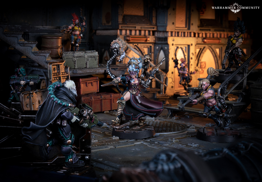 image Frontline Gaming Warhammer miniatures clash in a dark industrial setting central armored female warrior wields blades and pistols