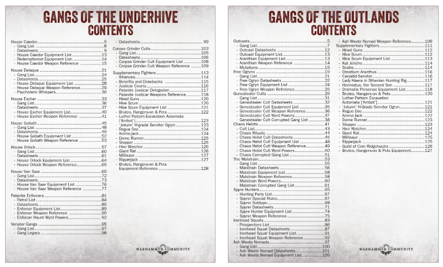 image Frontline Gaming Two page contents spread for Gangs of the Underhive and Gangs of the Outlands with section lists and page numbers