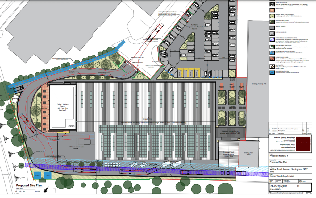 image Frontline Gaming Proposed factory site plan showing a large central warehouse parking roads and landscaped areas legend on the right