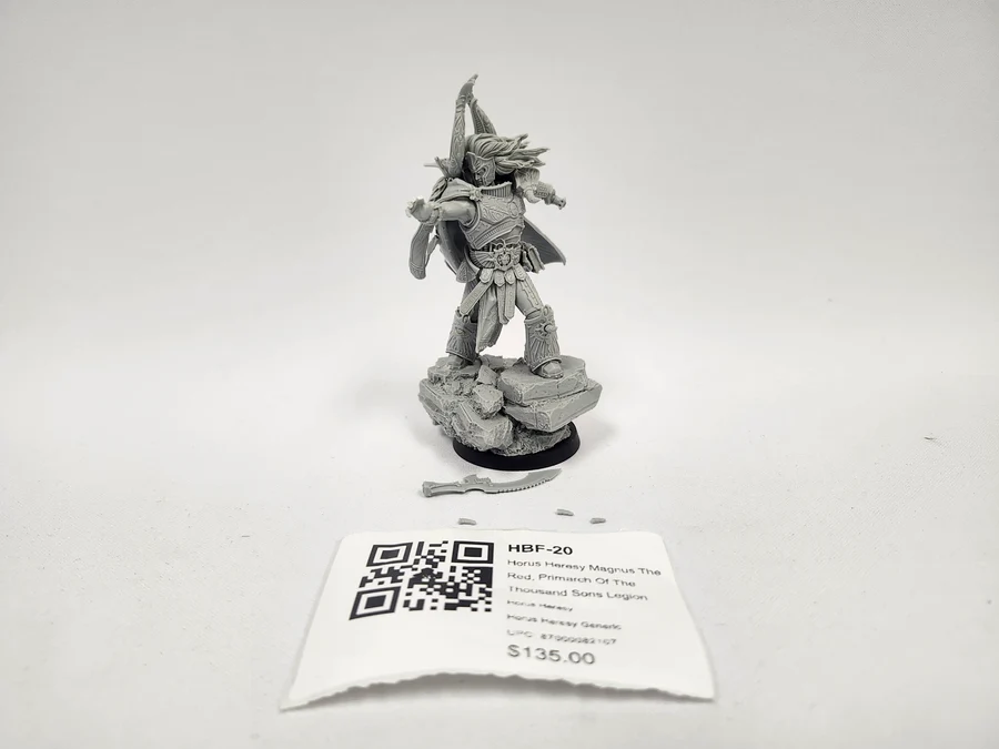 image Frontline Gaming Gray fantasy warrior miniature on a rocky base with a price tag and QR code nearby