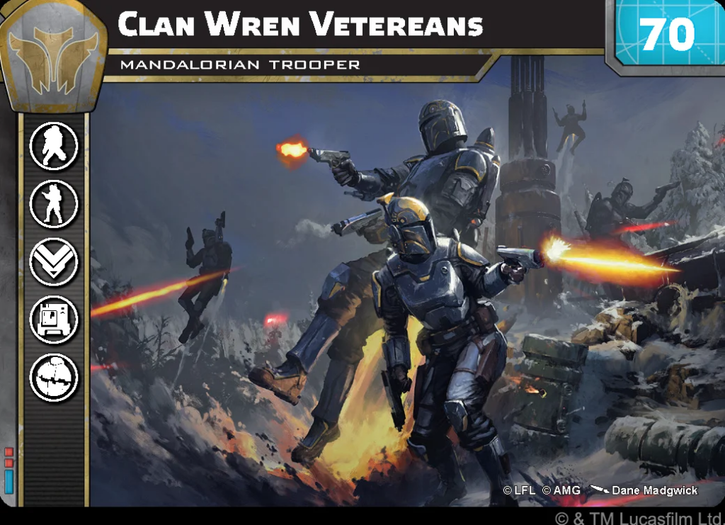 Game cover art showing armored Mandalorian troopers in a snowy battlefield firing blasters amid explosions; title 'Clan Wren Veterans' at top and a blue '70' badge in the corner.