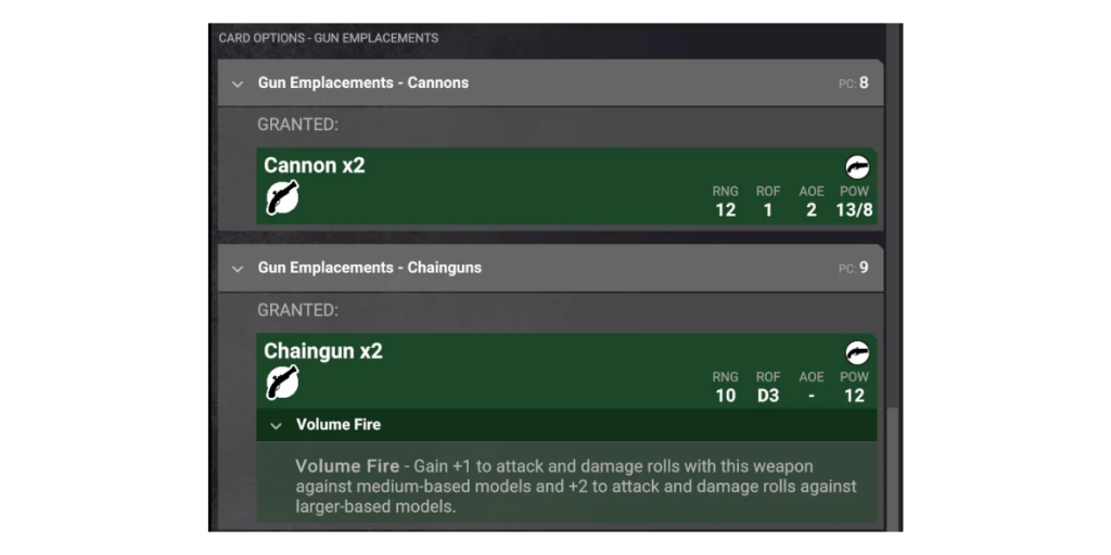 image Frontline Gaming In game UI showing two weapon grants Cannon x2 and Chaingun x2 with stats RNG ROF AOE POW and a Volume Fire description