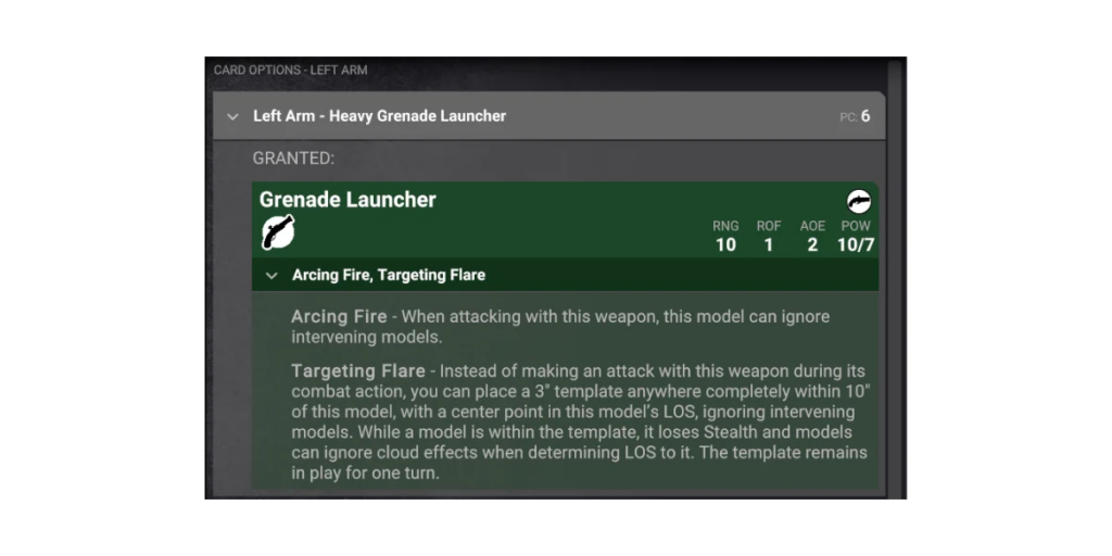 image Frontline Gaming UI panel Left Arm Heavy Grenade Launcher with Grenade Launcher details and ability descriptions Arcing Fire Targeting Flare