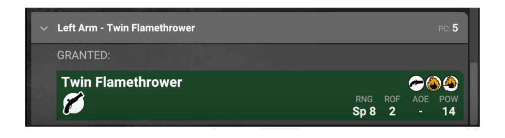 image Frontline Gaming Grant screen for Left Arm Twin Flamethrower with a green banner and stats SP 8 RNG 2 POW 14