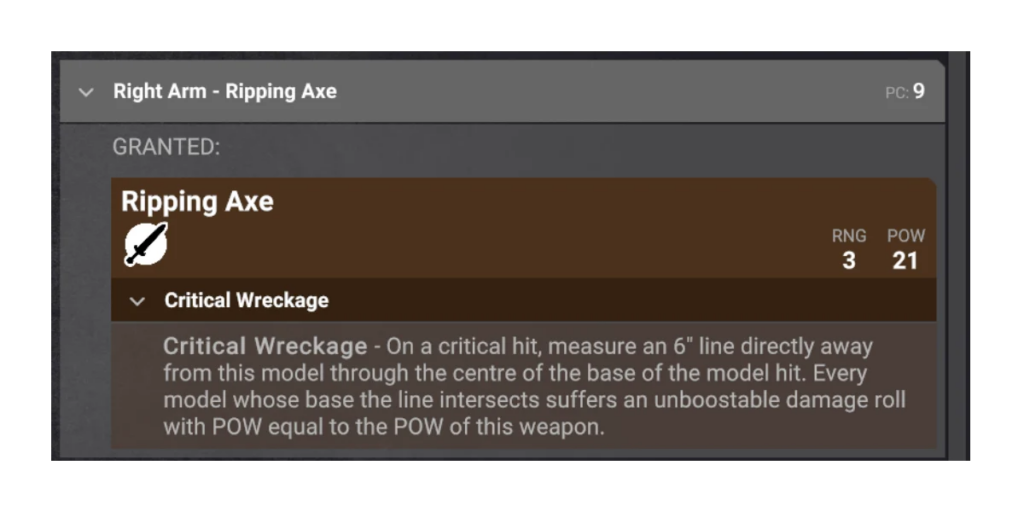 image Frontline Gaming UI panel for Right Arm Ripping Axe ability brown banner with weapon name icon of a dagger RNG 3 and POW 21 on the right and an expanded Critical Wreckage description explaining critical hit effects