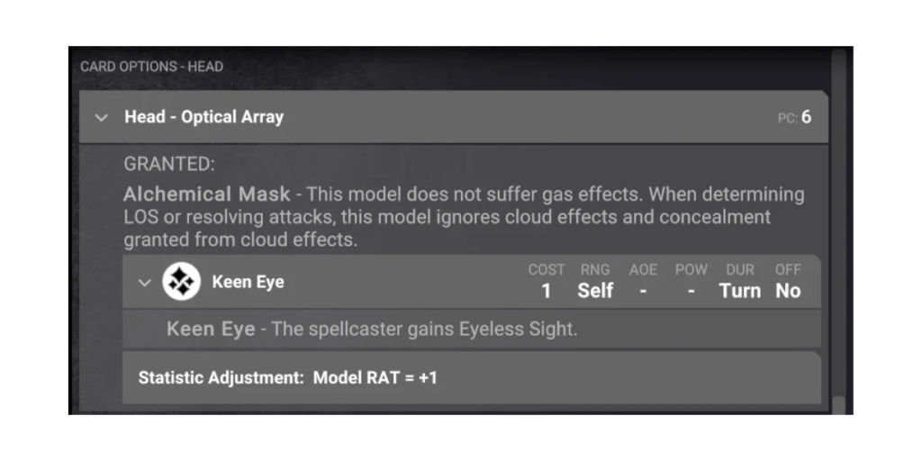 image Frontline Gaming In game card panel labeled Head Optical Array showing granted Keen Eye spell and Alchemical Mask with its description