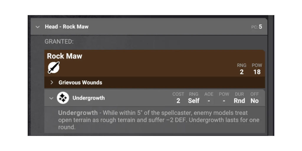 image Frontline Gaming Ability card for Rock Maw RNG 2 POW 18 with Grievous Wounds upgrade and Undergrowth trait details