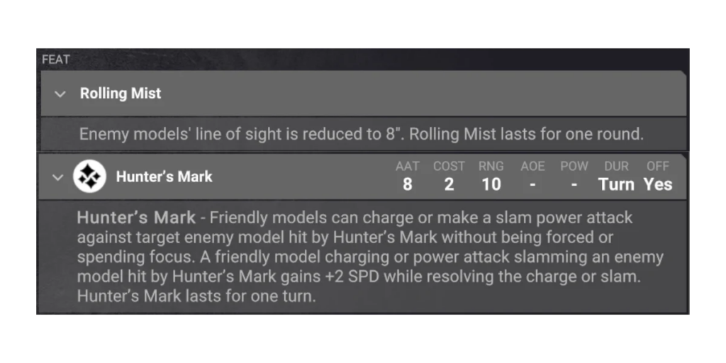 image Frontline Gaming Rolling Mist feat with a preceding collapsible header note enemy line of sight reduced to 8 for one round lasting one turn in this UI screenshot