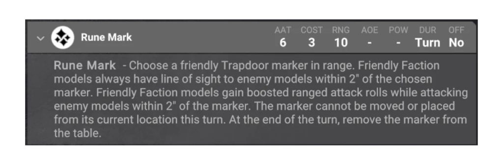 image Frontline Gaming Rune Mark marker card showing stats AAT 6 COST 3 RNG 10 and a Turn No label includes rule text about placing and removing the marker at end of turn