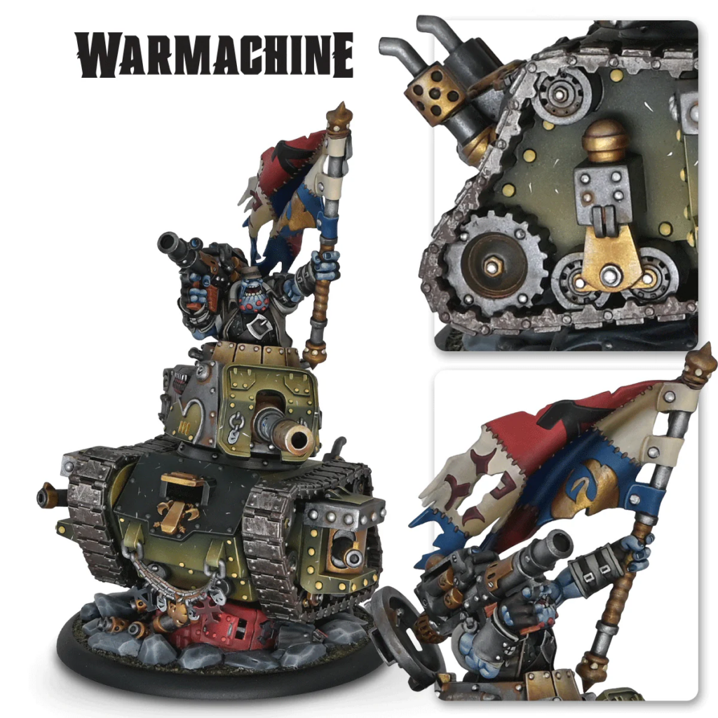 image Frontline Gaming Collage of Warhammer miniatures a green armored tank with an orc commander on top a close up of gears and tracks and a banner bearing orc rider