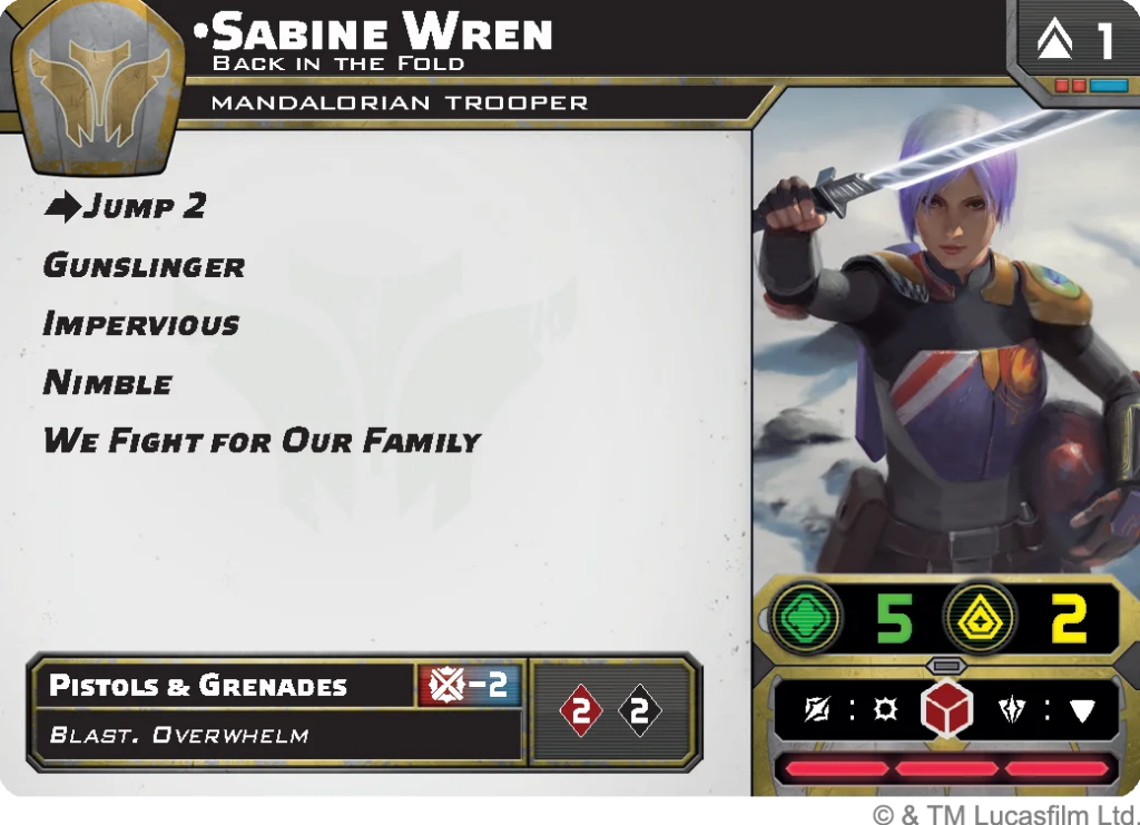 Sabine Wren profile card: moves list (Jump 2, Gunslinger, Impervious, Nimble, We Fight for Our Family) and Pistols & Grenades card; portrait of Sabine with a glowing blade on the right.