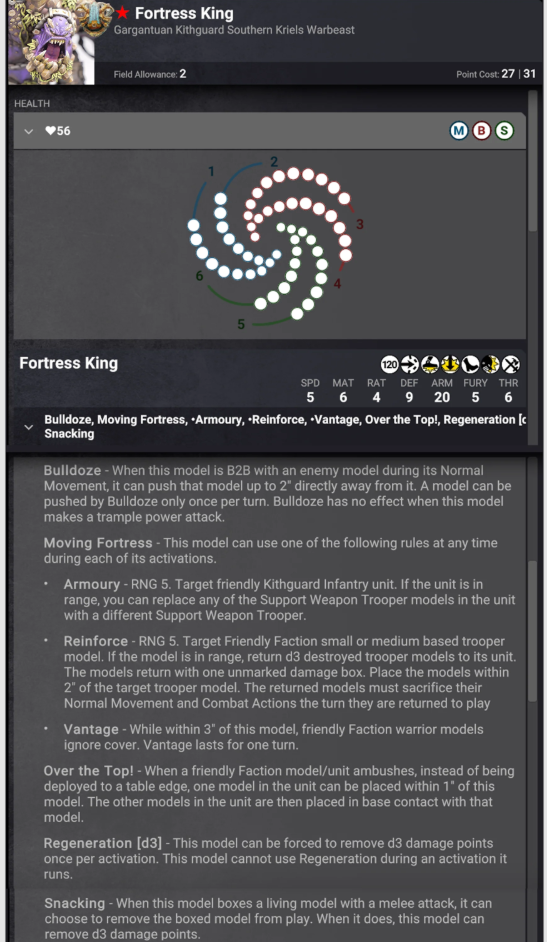 image Frontline Gaming Fortress King unit screen with a circular dotted ability wheel health bar stats and long ability descriptions below