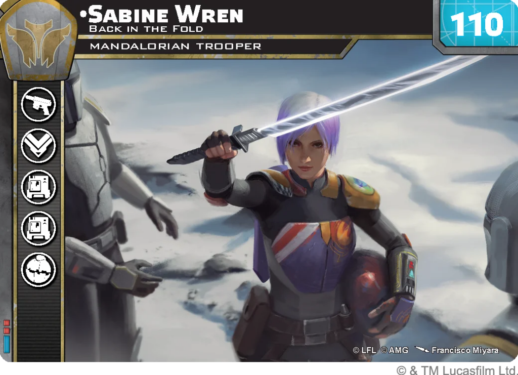 Sabine Wren in Mandalorian armor raises a glowing blade in a snowy battlefield, with game UI icons along the left edge.