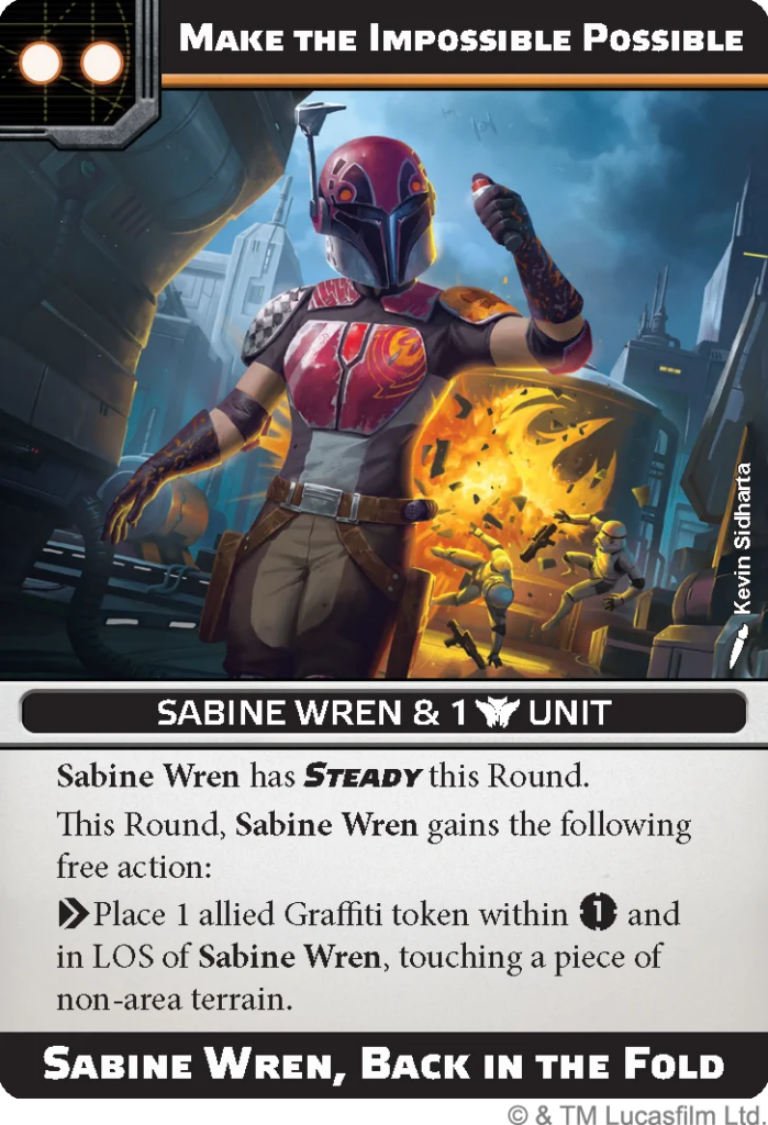Card illustration: Sabine Wren in armor standing in a sci-fi city, with a fiery shield and bold title text above: 'Make the Impossible Possible'.