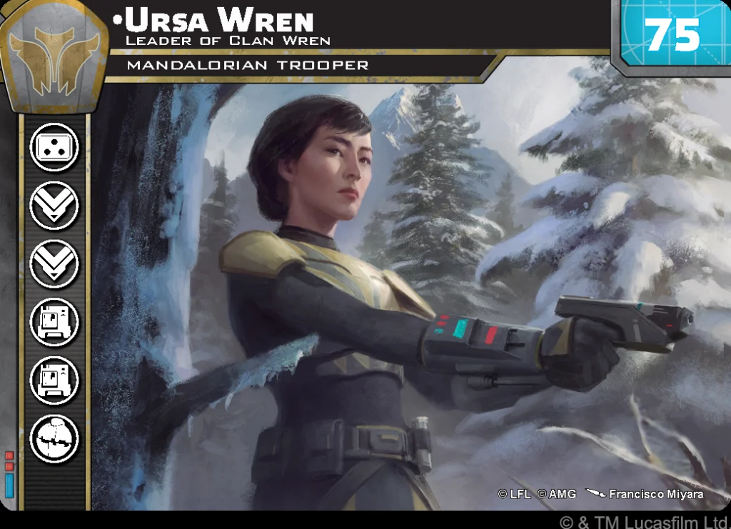 Ursa Wren, leader of Clan Wren, a Mandalorian trooper, in snowy mountains, aiming a blaster.