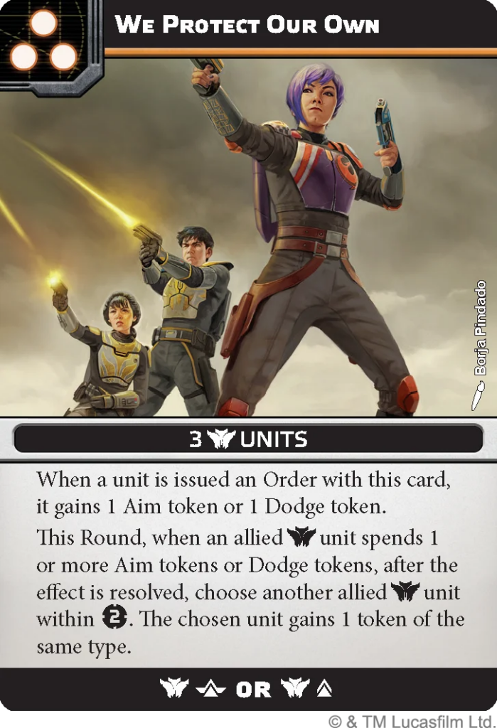Card cover: three armored soldiers in action under the title 'We Protect Our Own' with a '3 UNITS' label above a paragraph of rules.