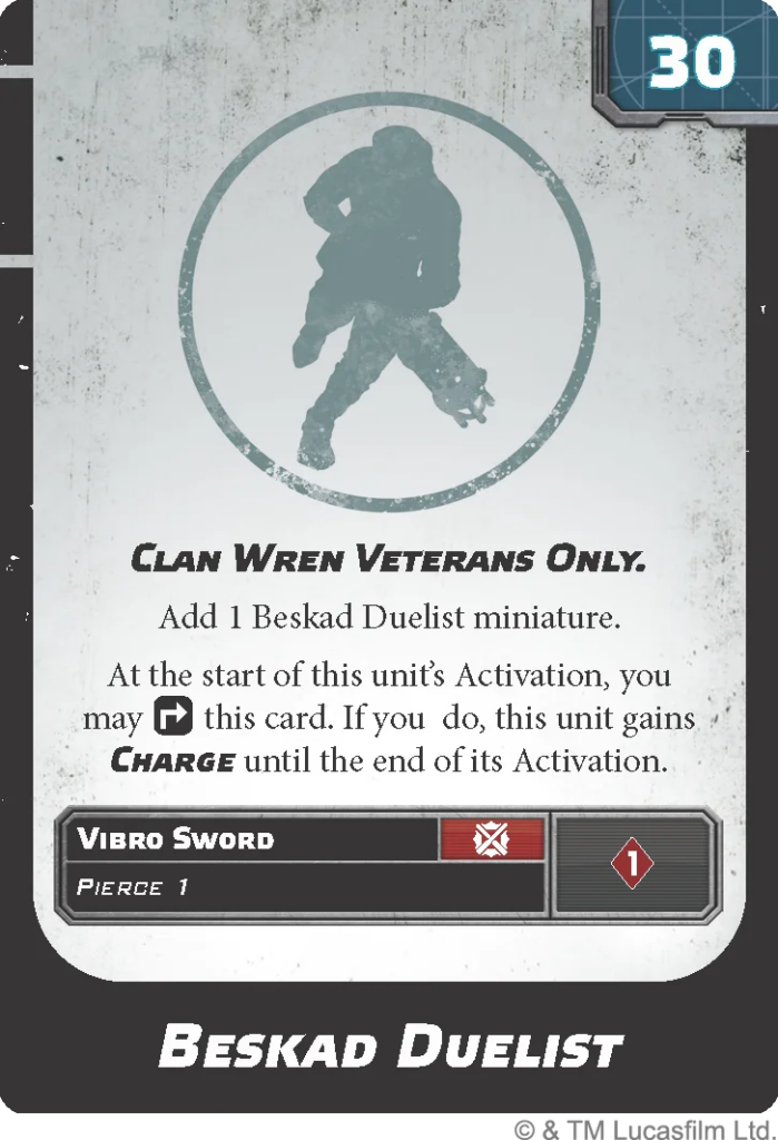 Card for a Beskad Duelist unit: silhouette of a duelist inside a circle, title 'Clan Wren Veterans Only', with Vibro Sword and Charge listed and unit info.
