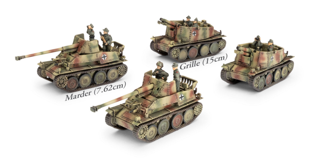 image Frontline Gaming Group of camouflaged World War II German tank models with small crew; labels read 'Marder (7.62 cm)' and 'Grille (15 cm)'.