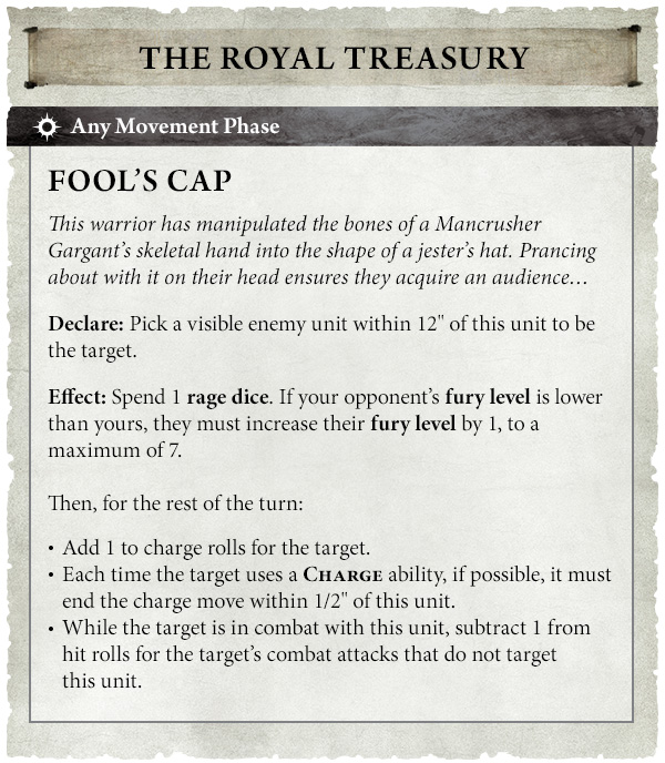 image Frontline Gaming Card from The Royal Treasury: Fool's Cap rules sheet with sections Declare and Effect, describing a warrior manipulating bones and gaining fury dice for combat.