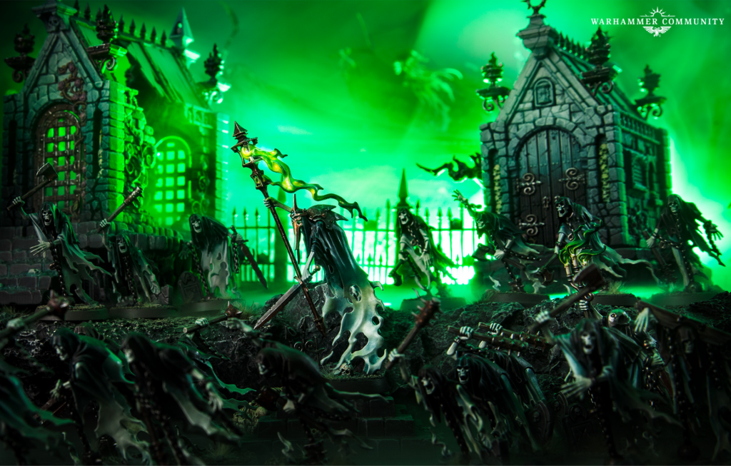 image Frontline Gaming Undead army in a green-lit fortress battle, skeleton warriors wade through a ruined citadel with gates and barbed fencing in the background. (Warhammer Community)