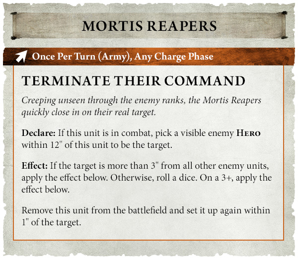 image Frontline Gaming Mortis Reapers unit card showing the ability 'Terminate their command'—once per turn, target a visible enemy HERO within 12", if isolated from other enemies redeploy within 1" of the target after removal.