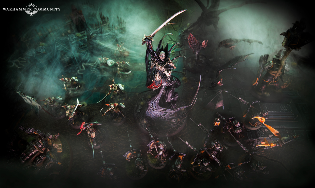 image Frontline Gaming Warhammer scene of chaos knights on battle bikes charging forward with a central rider wielding a curved blade, green mist around them.